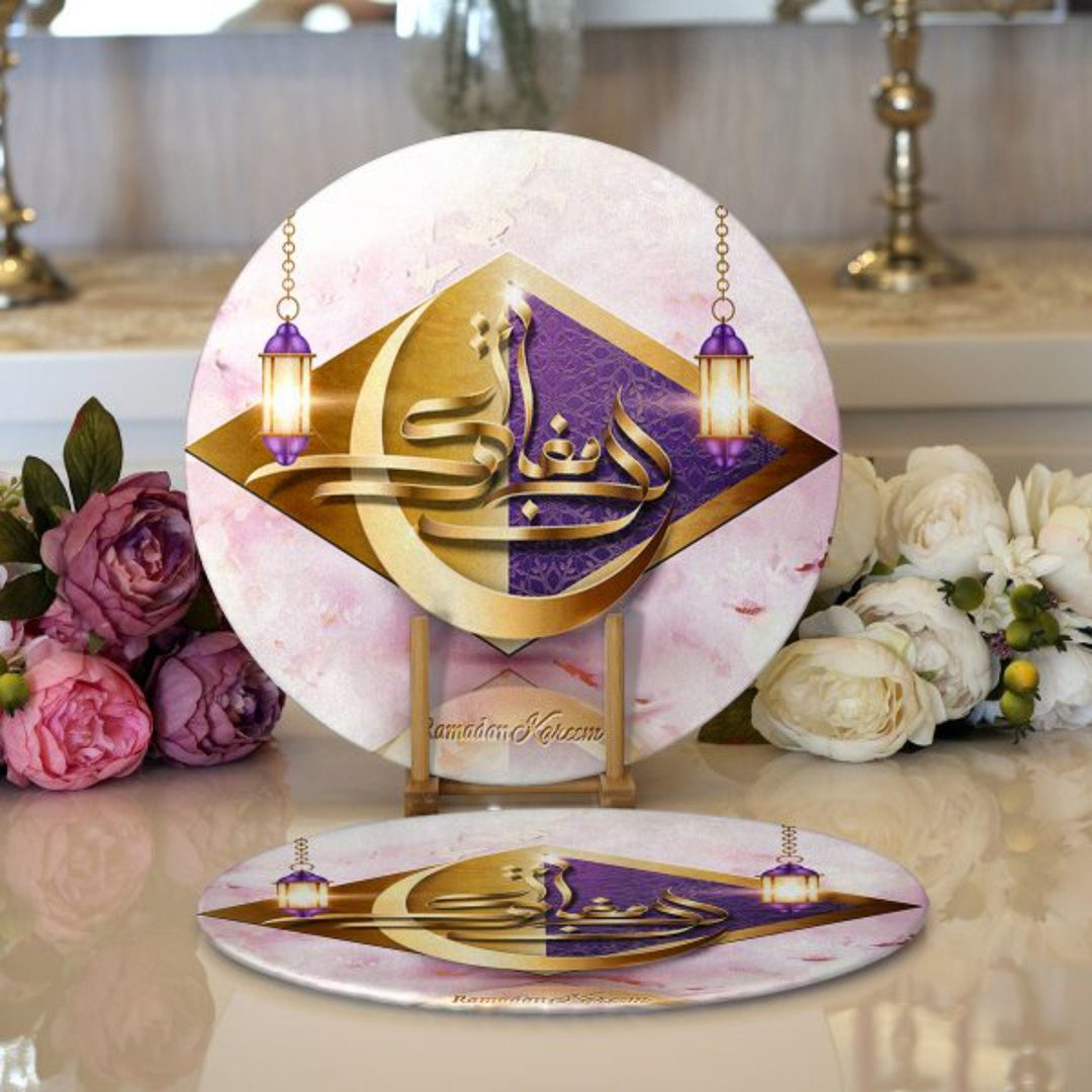 Islamic Placemat|Set of 2 Ramadan Kareem Supla Table Mat|Religious Round American Service Dining Underplate|Crescent and Lantern Coaster Set