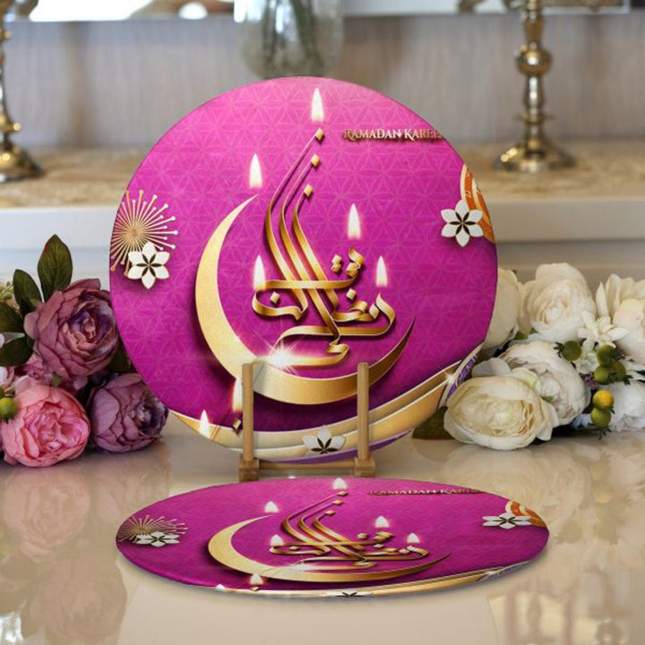 Islamic Placemat|Set of 2 Ramadan Kareem Supla Table Mat|Religious Round American Service Dining Underplate|Crescent and Lantern Coaster Set