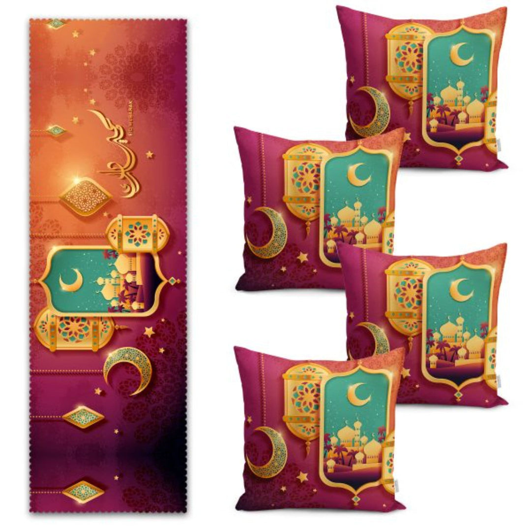 Set of 4 Islamic Pillow Covers and 1 Table Runner|Religious Home Decor|Ramadan Lantern with Crescent Tablecloth and Cushion|Gift for Muslims