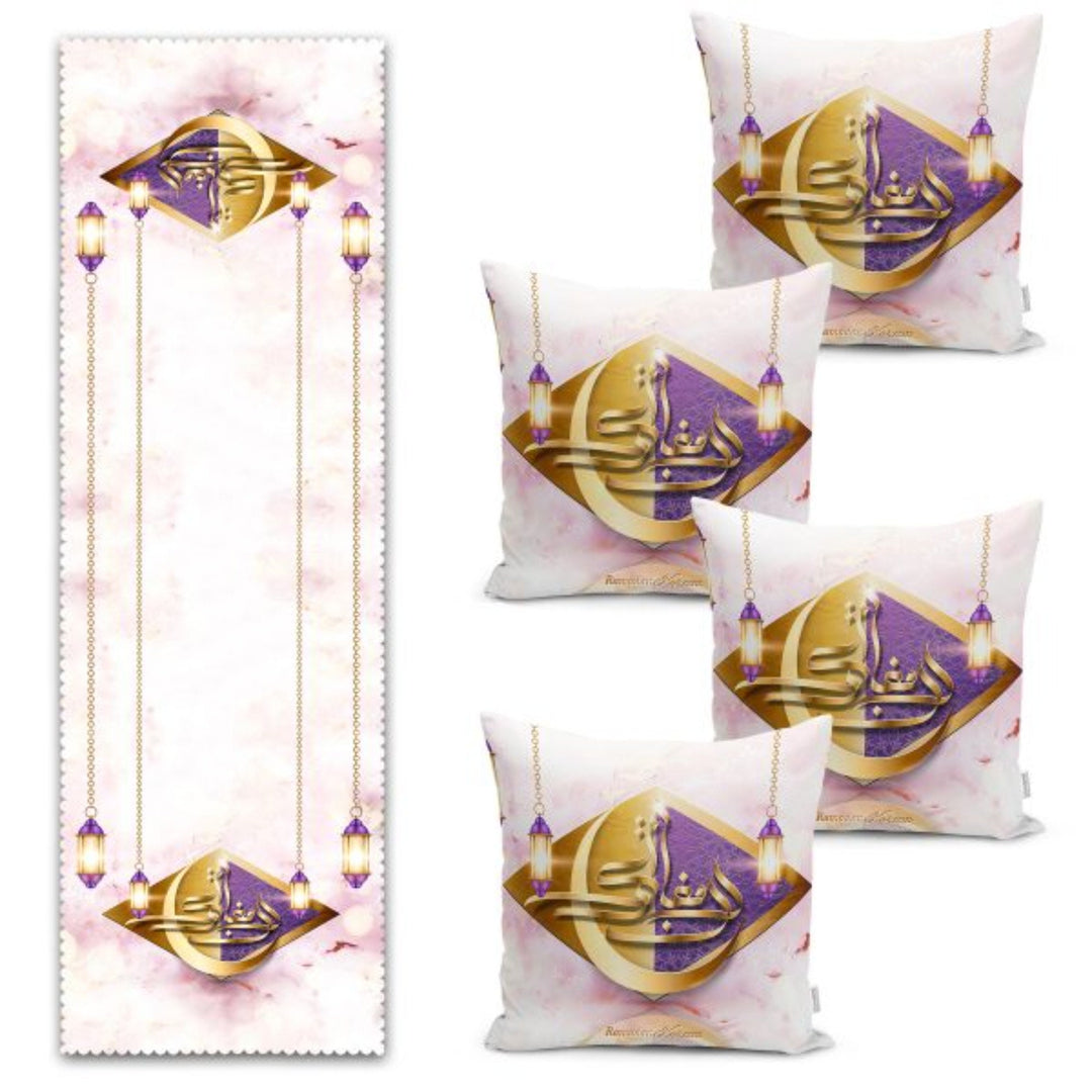 Set of 4 Islamic Pillow Covers and 1 Table Runner|Ramadan Kareem Decor|Crescent with Ramadan Lantern Tablecloth and Cushion|Gift for Muslims