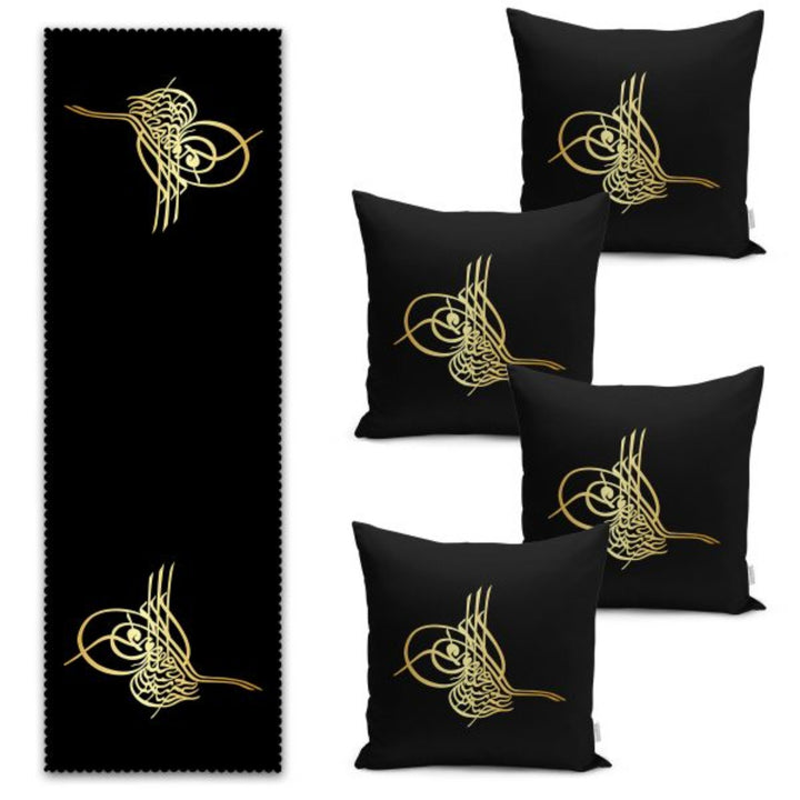 Set of 4 Ottoman Seal Pillow Covers and 1 Table Runner|Black Gold Home Decor|Religious Tablecloth and Cushion Cover Set|Gift for Muslims