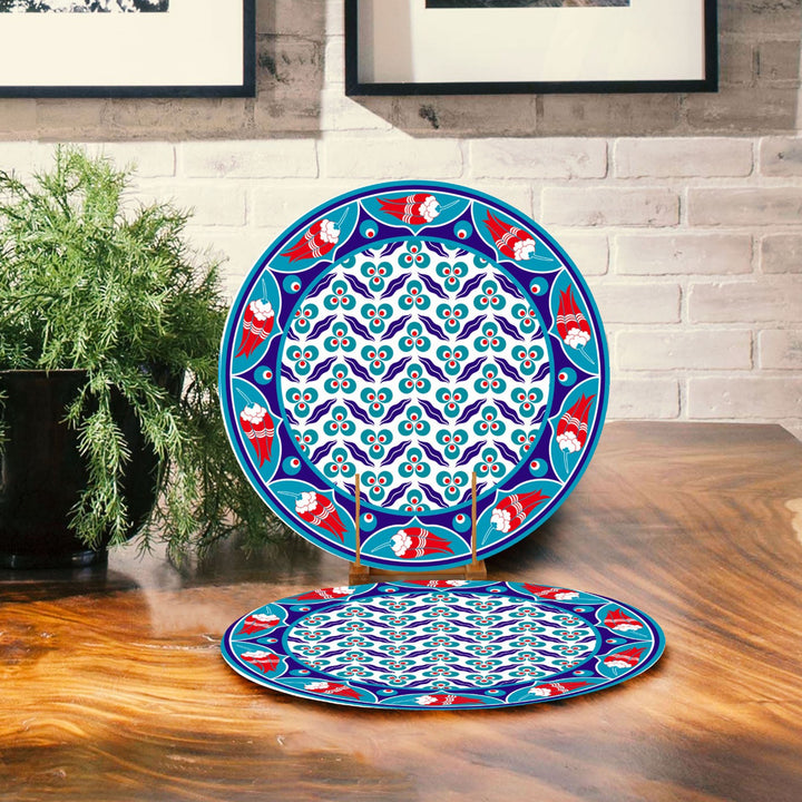 Set of 2 Tulip Placemat|Tulip Tile Pattern Table Decor|Summer Trend Supla Table Mat|Geometric Floral Round Dining Underplate and Coaster Set