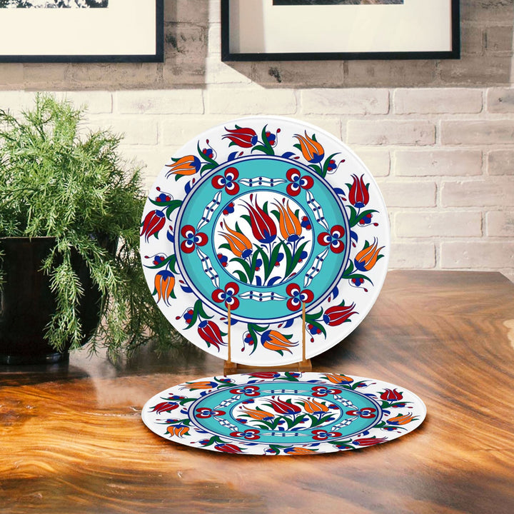 Set of 2 Tulip Placemat|Tulip Tile Pattern Table Decor|Summer Trend Supla Table Mat|Geometric Floral Round Dining Underplate and Coaster Set