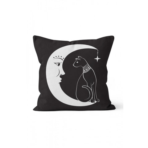 Cat and Moon Pillow Cover|Black and Gold Cat Print Cushion Case|Crescent Home Decor|Decorative Space Pillowcase|Animal Print Cushion Cover