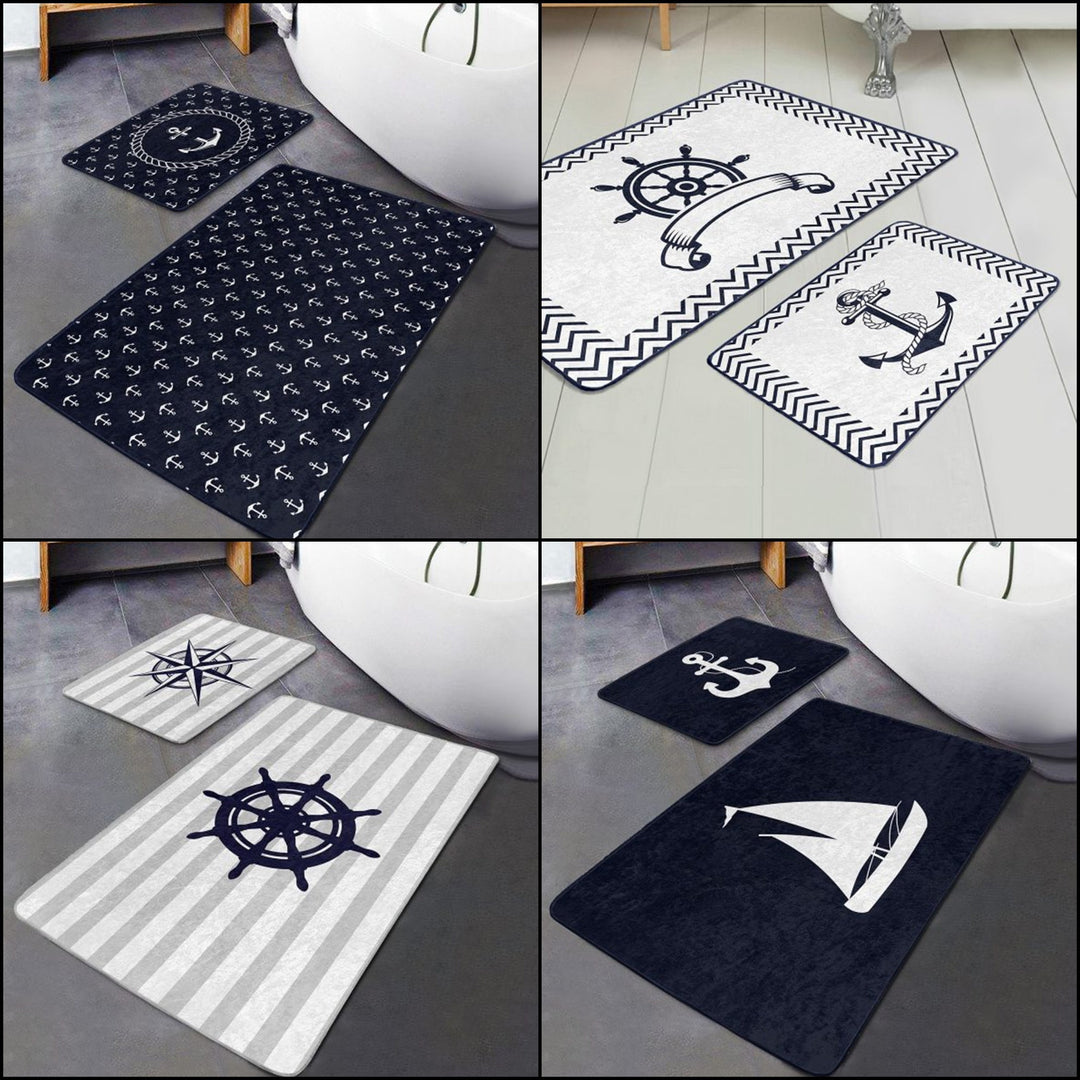 Set of 2 Nautical Bath Mat|Non-Slip Bathroom Decor|Anchor Bath Rug|Navy Marine Kitchen Floor Mat|Absorbent Shower and Home Entrance Carpet