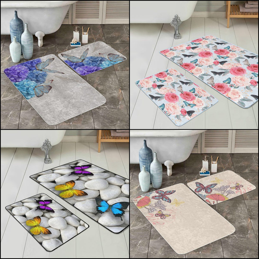 Set of 2 Butterfly Bath Mat|Non-Slip Bathroom Decor|Decorative Bath Rug|Rectangle Kitchen Floor Mat|Absorbent Shower, Home Entrance Carpet