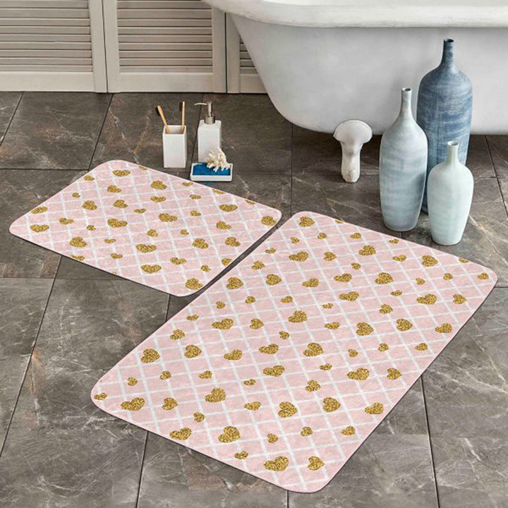 Set of 2 Valentine Bath Mat|Love Heart Bath Rug|Non-Slip Bathroom Decor|Rectangle Kitchen Floor Mat|Absorbent Shower, Home Entrance Carpet