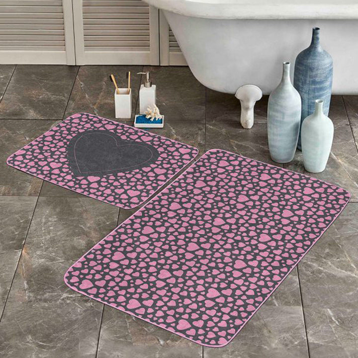 Set of 2 Valentine Bath Mat|Love Heart Bath Rug|Non-Slip Bathroom Decor|Rectangle Kitchen Floor Mat|Absorbent Shower, Home Entrance Carpet