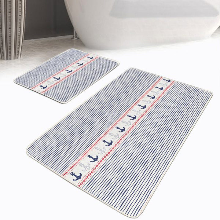 Set of 2 Nautical Bath Mat|Non-Slip Bathroom Decor|Floral Anchor Bath Rug|Wheel Kitchen Floor Mat|Rectangle Shower and Home Entrance Carpet