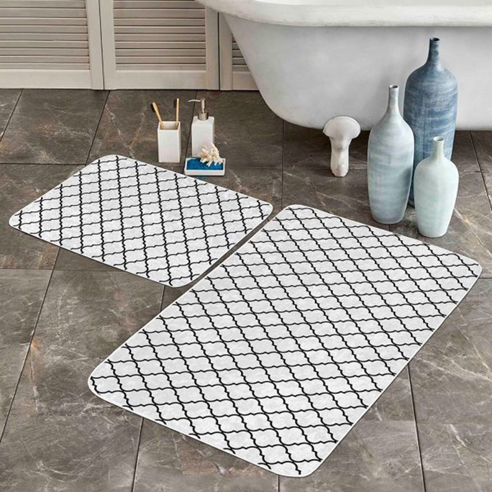 Set of 2 Geometric Bath Mat|Non-Slip Bathroom Decor|Black White Bath Rug|Decorative Kitchen Floor Mat|Rectangle Shower, Home Entrance Carpet