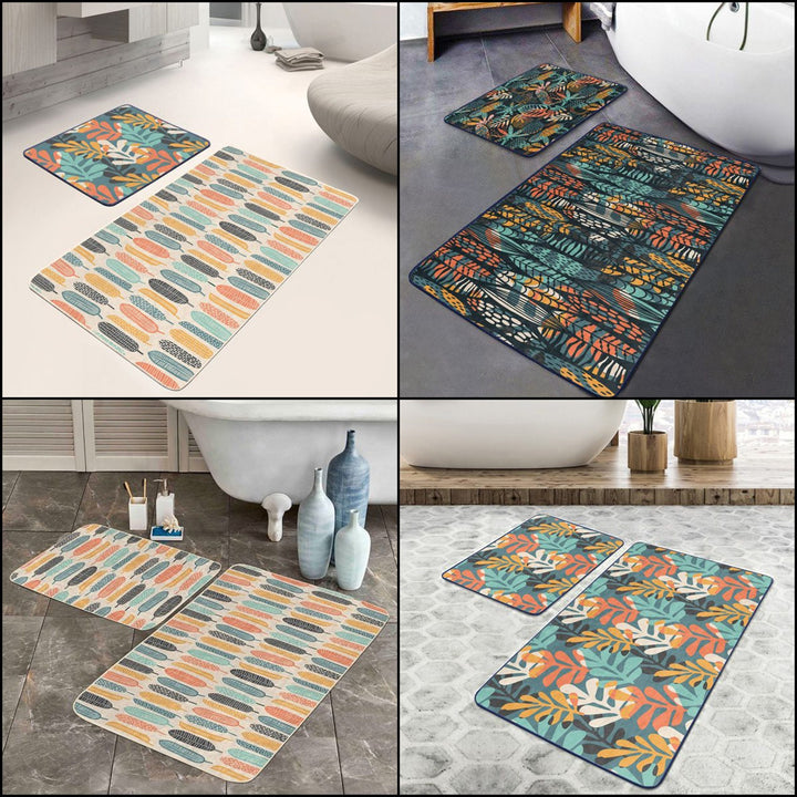 Set of 2 Abstract Leaves Bath Mat|Non-Slip Bathroom Decor|Tropical Bath Rug|Rectangle Kitchen Floor Mat|Decorative Shower Entrance Carpet