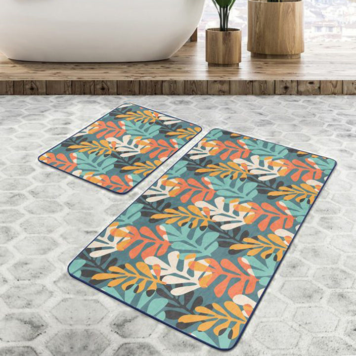 Set of 2 Abstract Leaves Bath Mat|Non-Slip Bathroom Decor|Tropical Bath Rug|Rectangle Kitchen Floor Mat|Decorative Shower Entrance Carpet