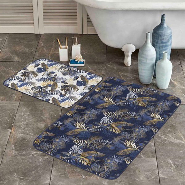 Set of 2 Tropical Leaves Bath Mat|Non-Slip Bathroom Decor|Blue Gold Bath Rug|Rectangle Kitchen Floor Mat|Decorative Shower Entrance Carpet