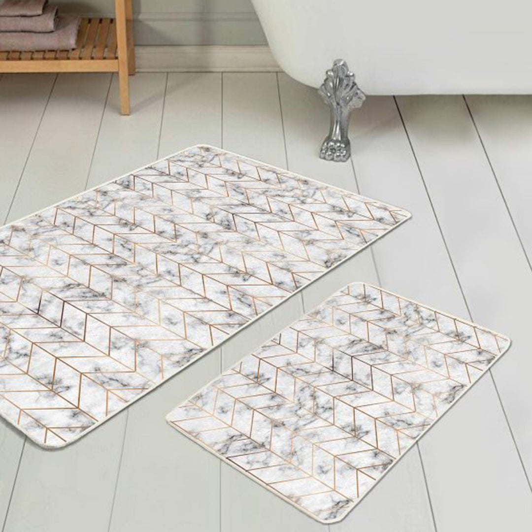 Set of 2 Marble Pattern Bath Mat|Non-Slip Bathroom Decor|Gray Gold Bath Rug|Rectangle Kitchen Floor Mat|Abstract Home,Shower Entrance Carpet