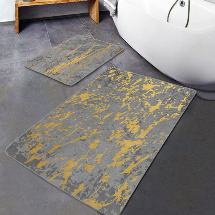 Set of 2 Marble Pattern Bath Mat|Non-Slip Bathroom Decor|Gray Gold Bath Rug|Rectangle Kitchen Floor Mat|Abstract Home,Shower Entrance Carpet