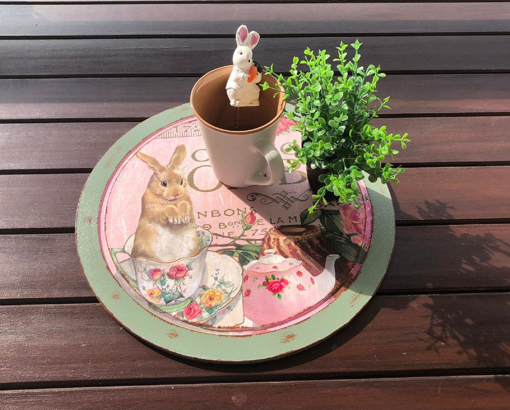 Board For Easter|Hand Painted Round Wooden Tray|Easter Bunny Tray|Custom Serving Board|Presentation Plate|Original Home Decor Gift For Mom