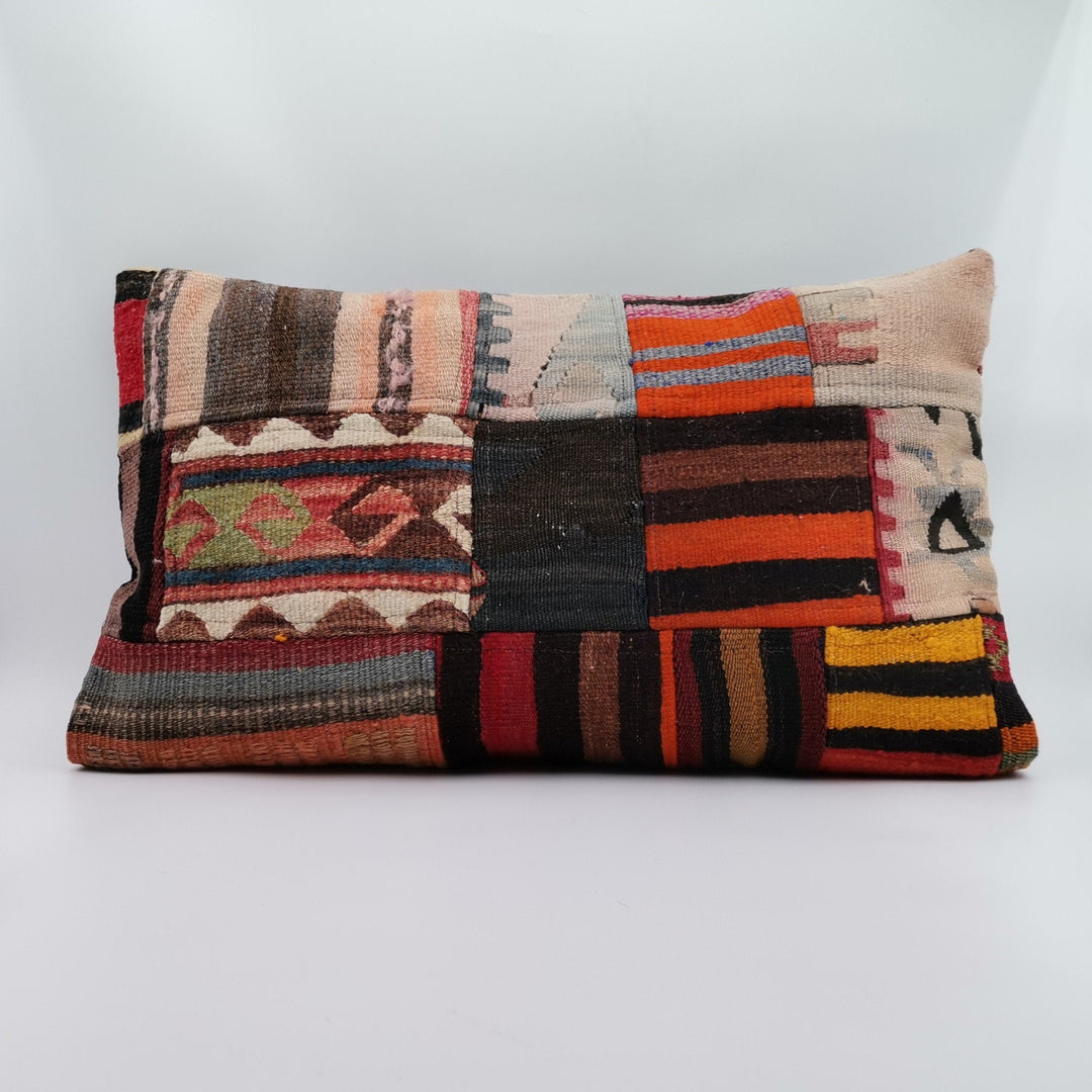 Turkish Kilim Pillow Cover|Vintage Kelim Cushion Case|Patchwork Rug Lumbar Pillow Top|Handwoven Rustic Home Decor|Authentic Cushion 16x24