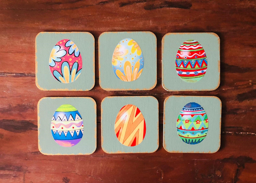 Easter Egg Coaster Set of 6|Vintage Easter Decor|Custom Wood Coaster|Handmade Easter Themed Coaster Set|Cute Home Decor|Unique Drink Coaster