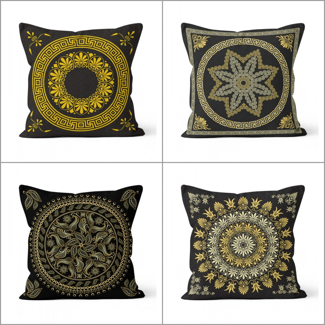 Mandala Pillow Cover|Geometric Cushion Case|Decorative Gold Black Mandala Pillowcase|Rustic Home Decor|Spiral Design Authentic Cushion Case