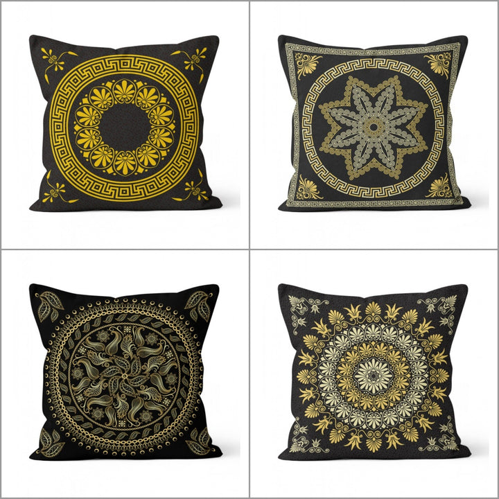 Mandala Pillow Cover|Geometric Cushion Case|Decorative Gold Black Mandala Pillowcase|Rustic Home Decor|Spiral Design Authentic Cushion Case