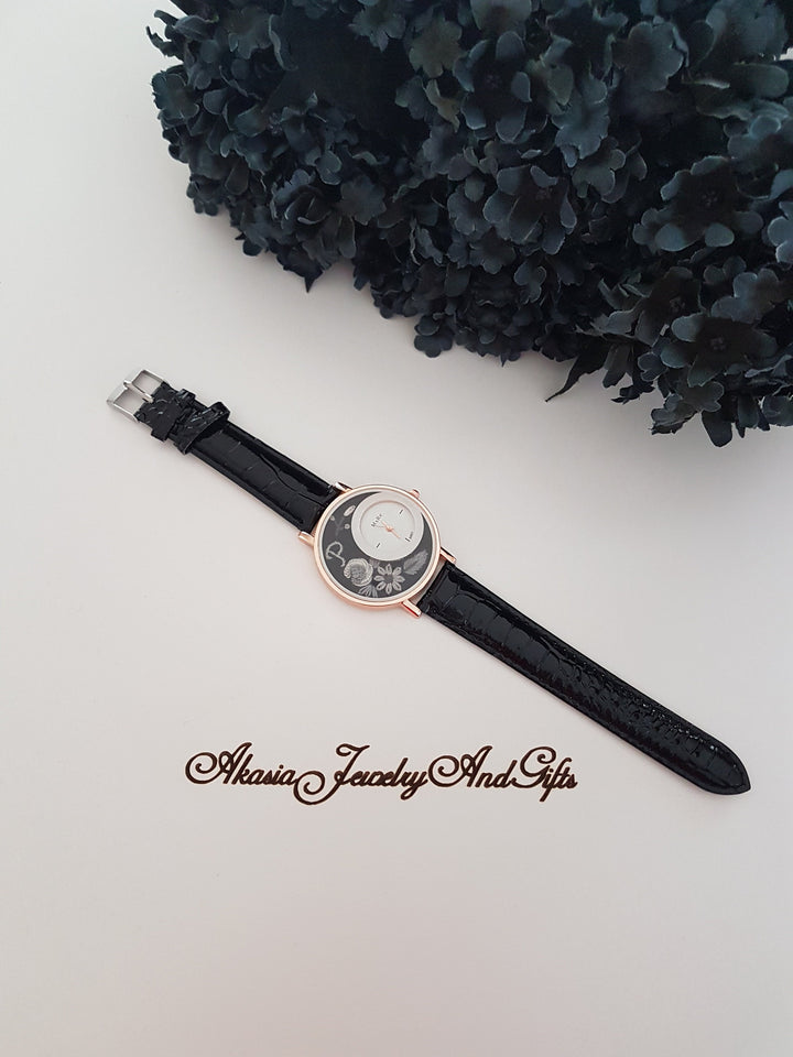 Embroidered Floral Women's Watch|Daisy and Rose Black Wrist Watch|Personalized Unique Gift for Her|Mothers Day Gift|Hand Stitched Embroidery