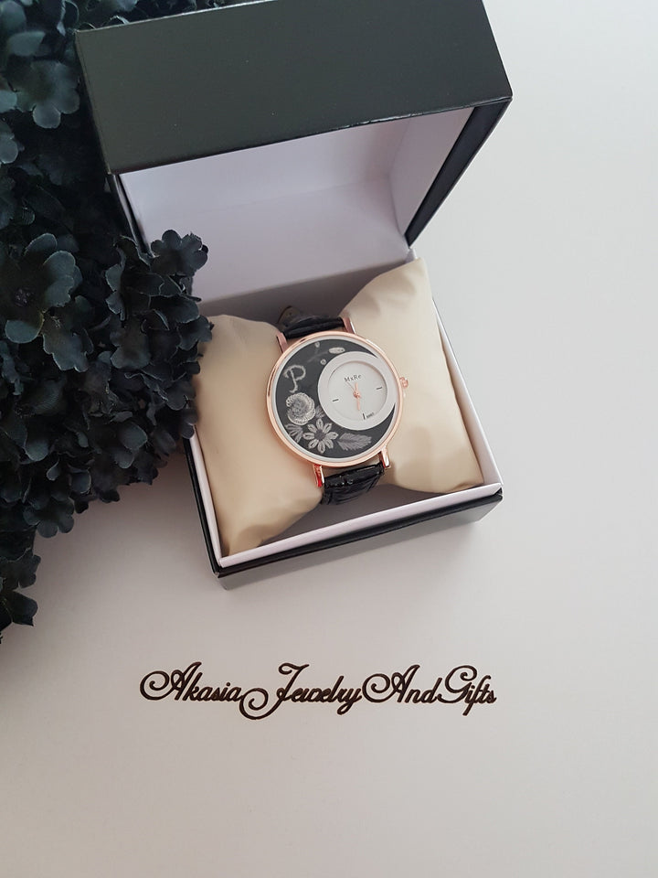 Embroidered Floral Women's Watch|Daisy and Rose Black Wrist Watch|Personalized Unique Gift for Her|Mothers Day Gift|Hand Stitched Embroidery