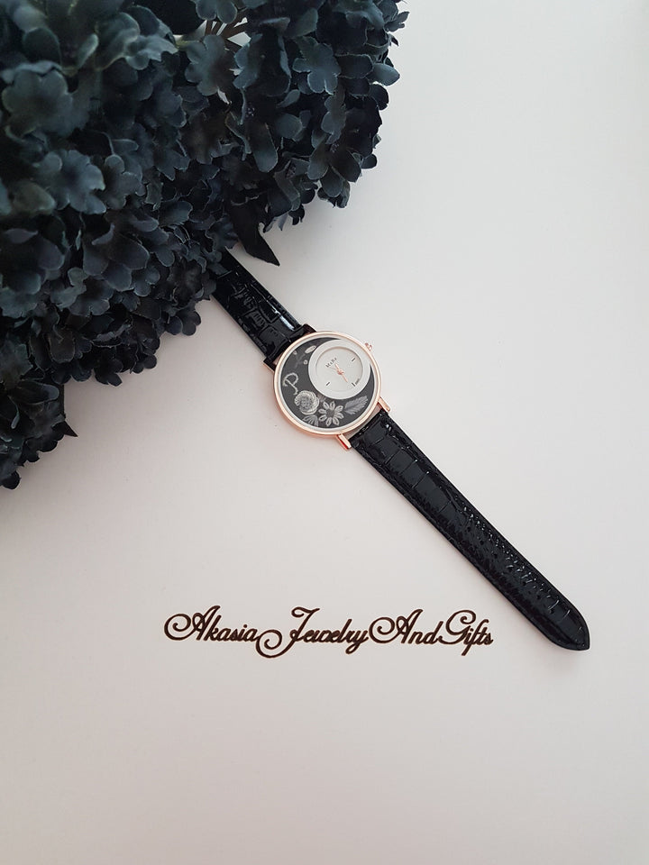 Embroidered Floral Women's Watch|Daisy and Rose Black Wrist Watch|Personalized Unique Gift for Her|Mothers Day Gift|Hand Stitched Embroidery