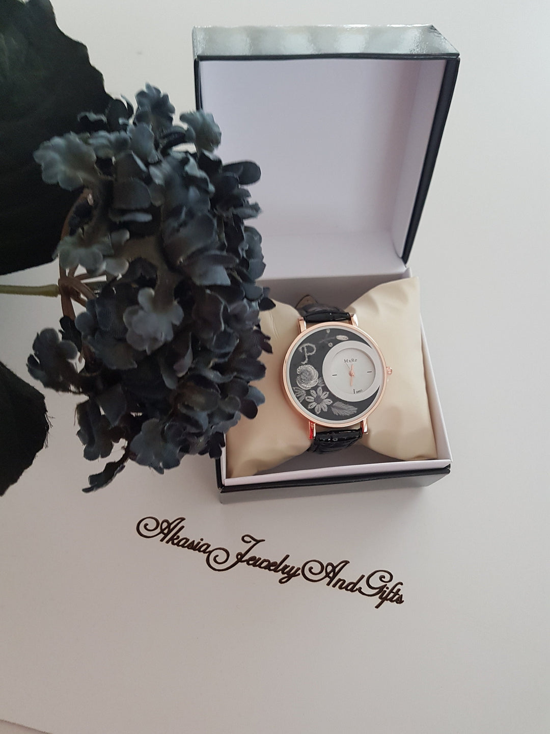 Embroidered Floral Women's Watch|Daisy and Rose Black Wrist Watch|Personalized Unique Gift for Her|Mothers Day Gift|Hand Stitched Embroidery