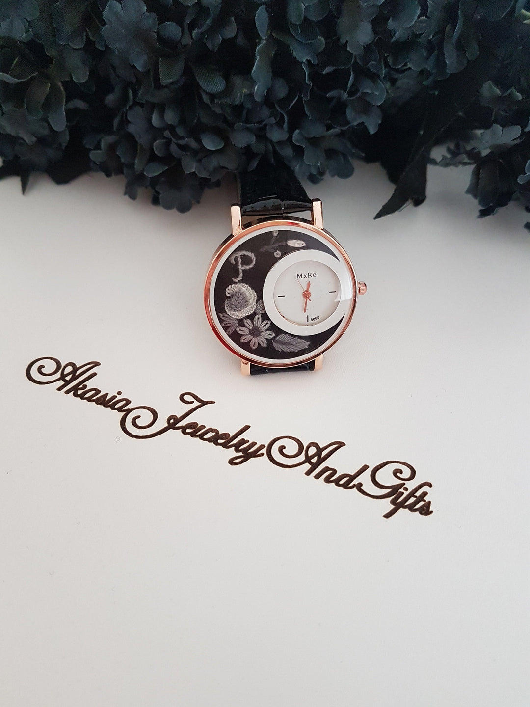 Embroidered Floral Women's Watch|Daisy and Rose Black Wrist Watch|Personalized Unique Gift for Her|Mothers Day Gift|Hand Stitched Embroidery