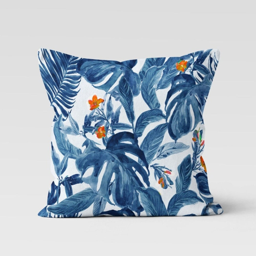 Blue Leaves Pillow Cover|Floral Cushion Case|Blue White Tropical Pillowtop|Decorative Plant Printed Outdoor Cushion Case|Boho Bedding Pillow