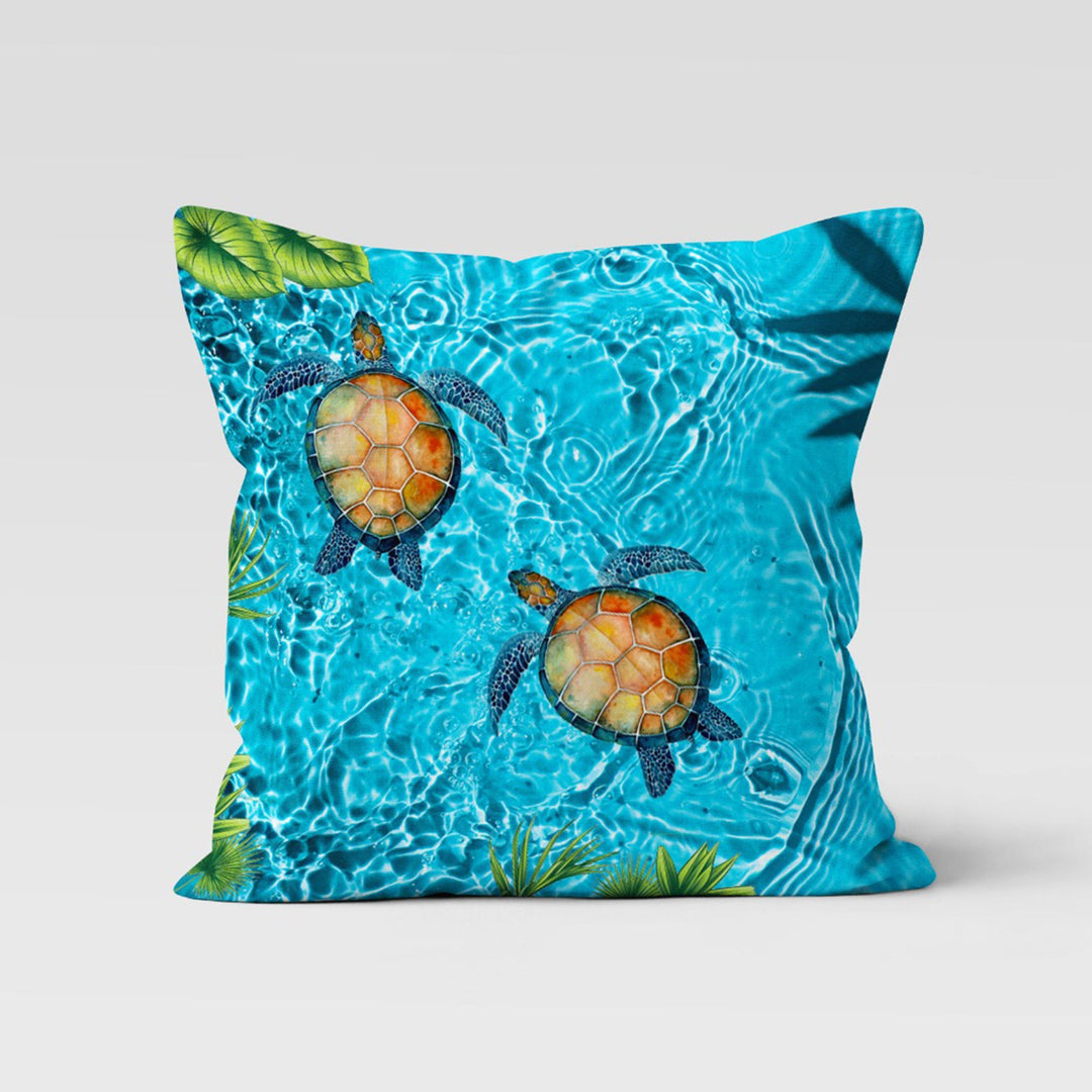 Sea Turtle Pillow Case|Navy Marine Cushion Cover|Beach House Nautical Decor|Sea Turtle Throw Pillow|Blue Turquoise Beige Porch Pillowcase