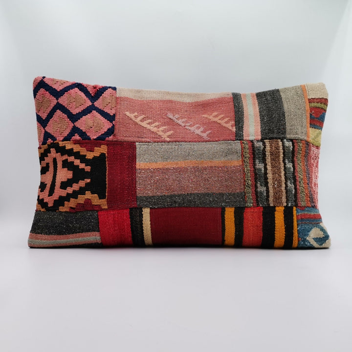 Turkish Kilim Pillow Cover|Handwoven Ottoman Lumbar Pillow Top|Vintage Kelim Cushion Cover|Geometric Cushion Case|Patchwork Home Decor 16x24