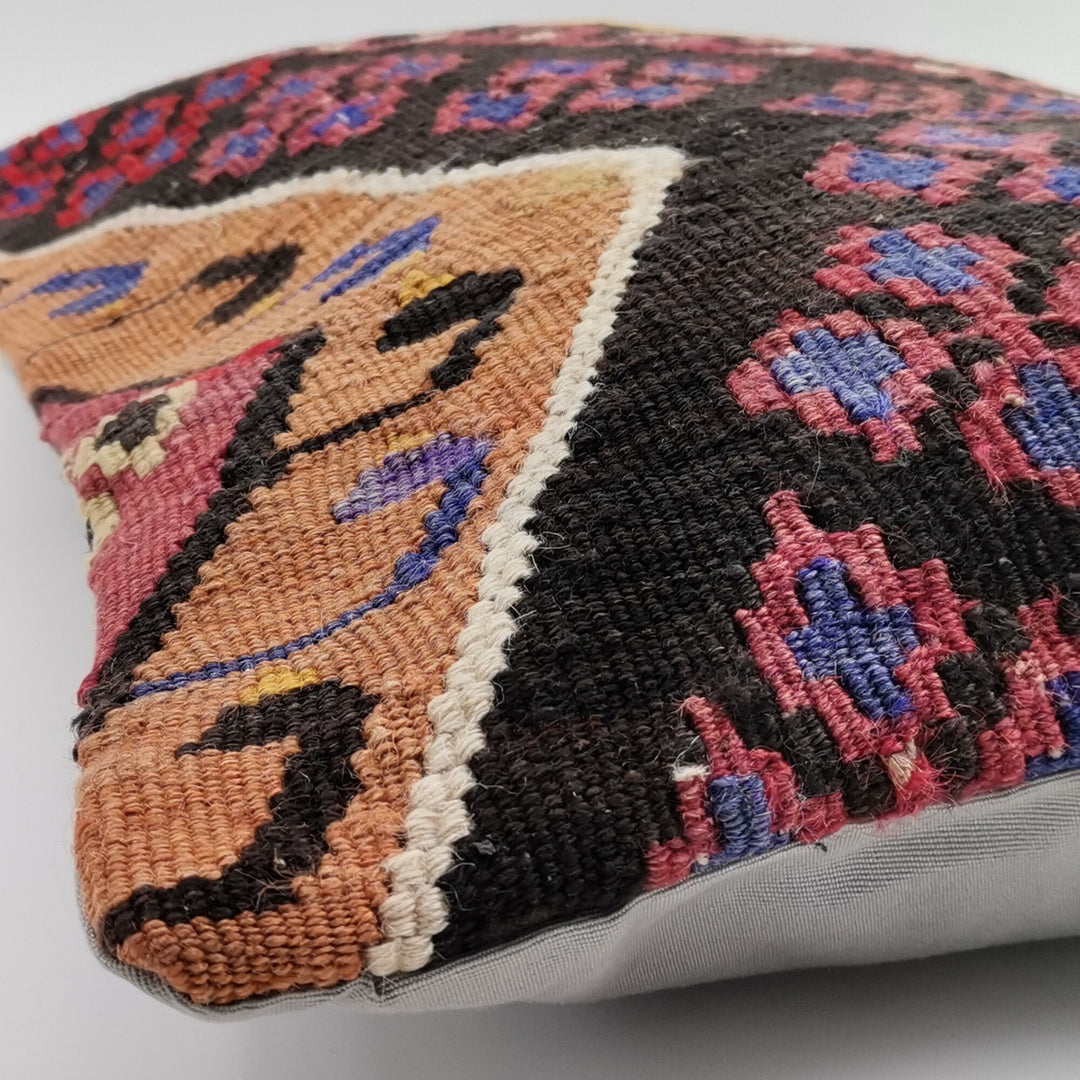 Turkish Kilim Pillow Cover|Ethnic Ottoman Lumbar Pillowtop|Vintage Rug Cushion Case|Handwoven Antique Cushion Cover|Boho Bedding Decor 16x24