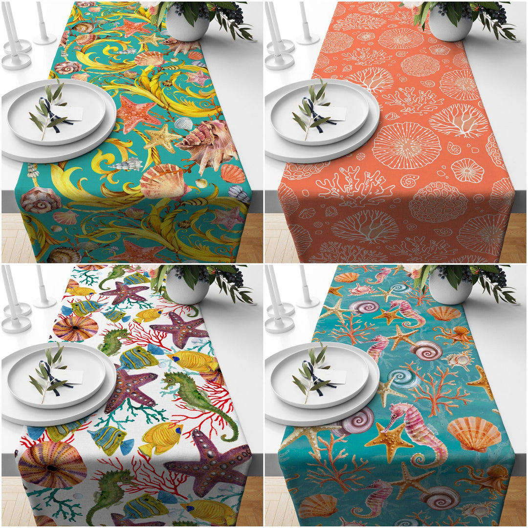 Beach House Table Runner|Starfish and Seahorse Table Top|Coral Print Home Decor|Orange Nautical Tablecloth|Fish Kitchen Decor|Coastal Runner