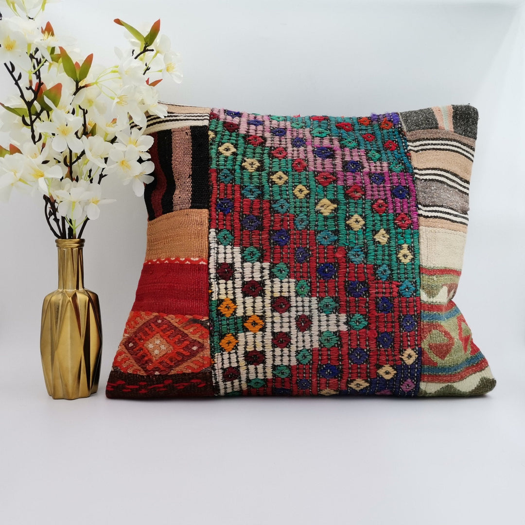 Vintage Kilim Pillow Cover|Anatolian Pillow with Diamond Pattern|Turkish Kelim Cushion|Patchwork Kilim Decor|Handwoven Rug Cushion 20x20