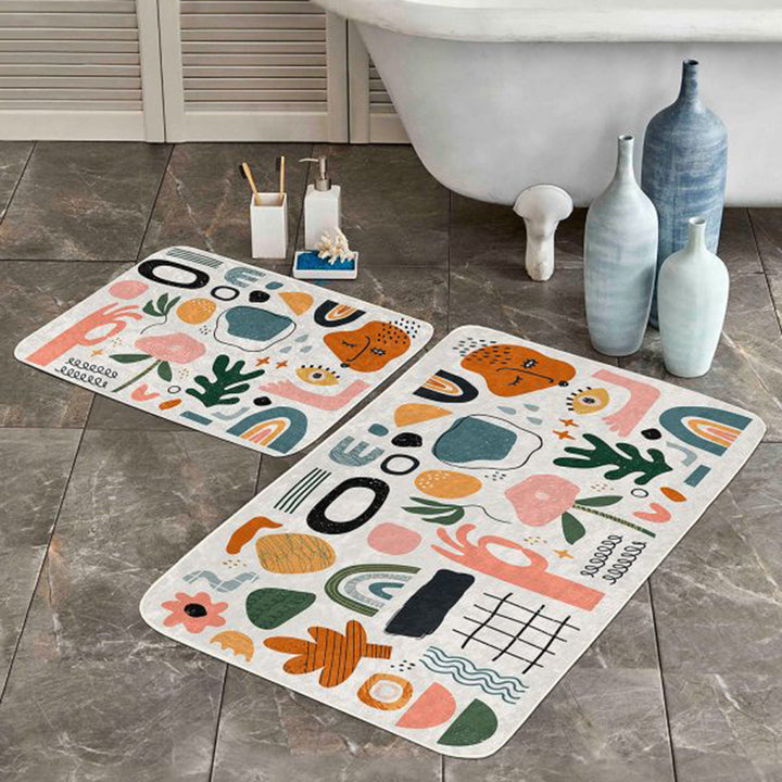 Set of 2 Abstract Floral Bath Mat|Non-Slip Bathroom Decor|Decorative Bath Rug|Apple and Pear Floor Mat|Rectangle Shower Home Entrance Rug