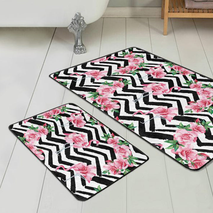 Set of 2 Flamingo Bath Mat|Non-Slip Bathroom Decor|Zigzag and Floral Flamingo Rug|Rectangle Kitchen Floor Mat|Decorative Shower Entrance Rug