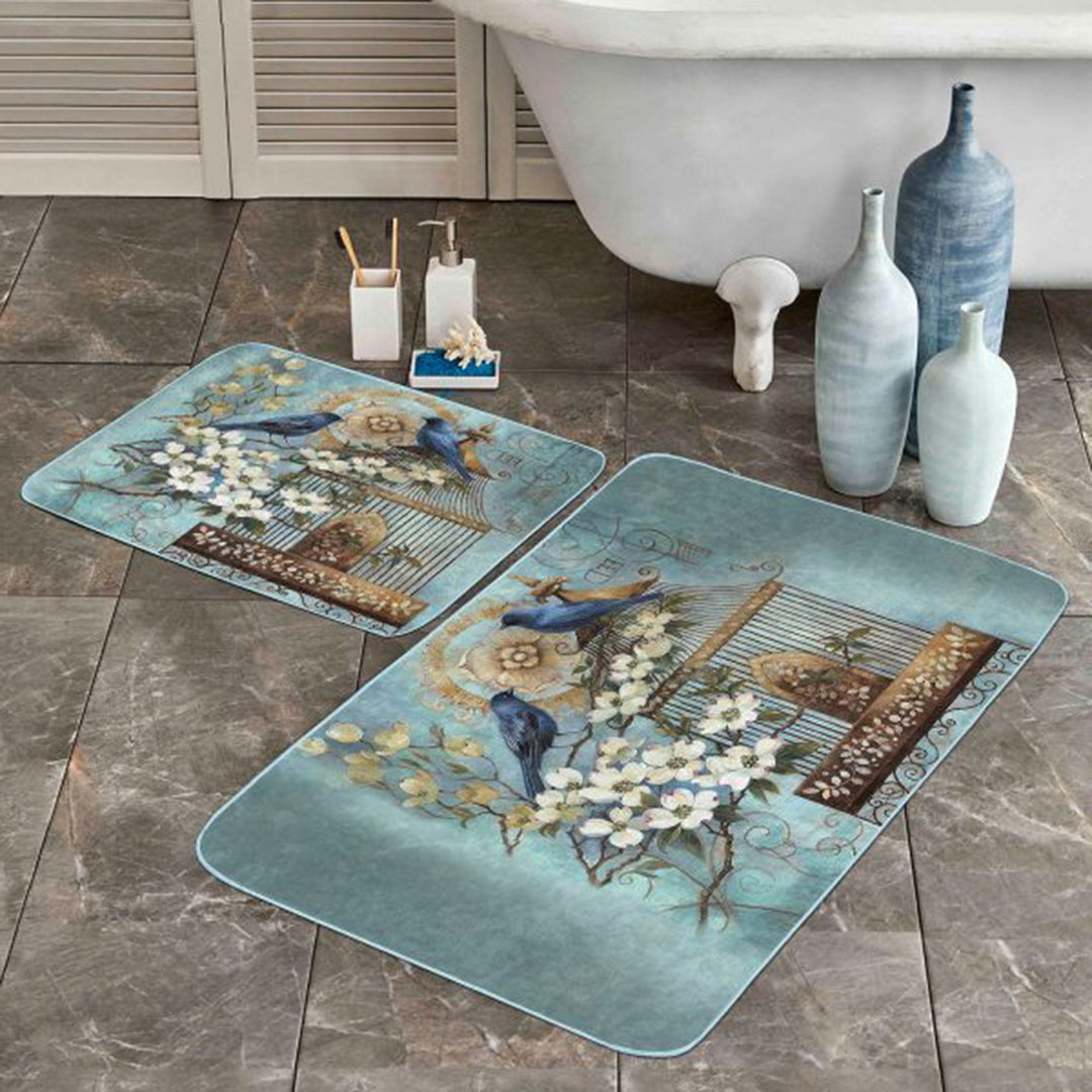 Set of 2 Floral Bath Mat|Non-Slip Bathroom Decor|Decorative Bath Rug|Bird and Flower Print Floor Mat|Rectangle Shower, Home Entrance Carpet