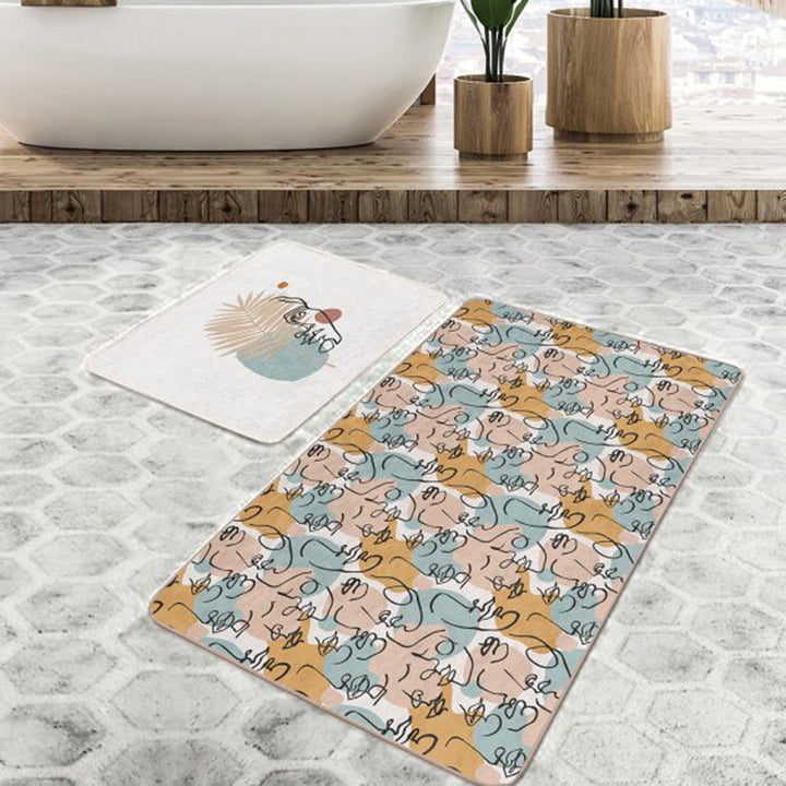 Set of 2 Abstract Onedraw Bath Mat|Non-Slip Bathroom Decor|Abstract Flower and Woman Face Drawing Floor Mat|Rectangle Shower Entrance Rug