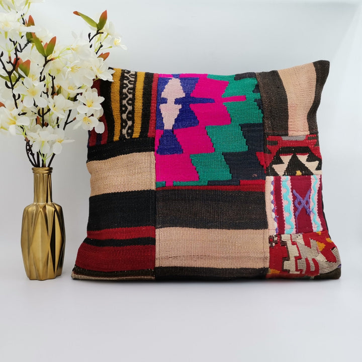 Vintage Kilim Pillow Cover|Turkish Kilim Cushion Case|Ethnic Ottoman Throw Pillow|Boho Bedding Decor|Handwoven Patchwork Rug Cushion 20x20