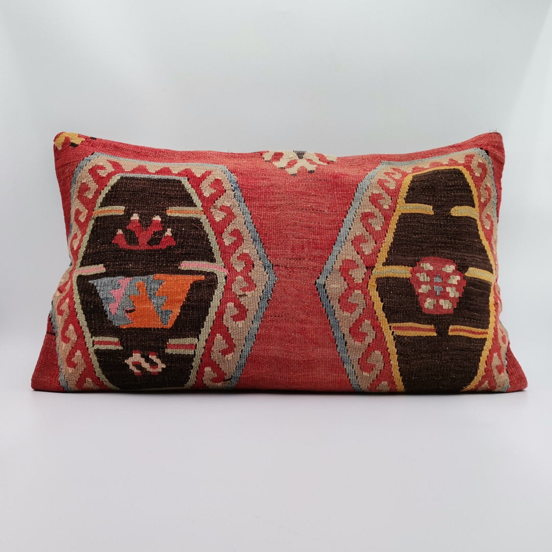 Vintage Kilim Pillow Cover|Geometric Design Kelim Cushion Case|Anatolian Lumbar Pillow Top|Handwoven Ottoman Rug Decor|Turkish Cushion 16x24