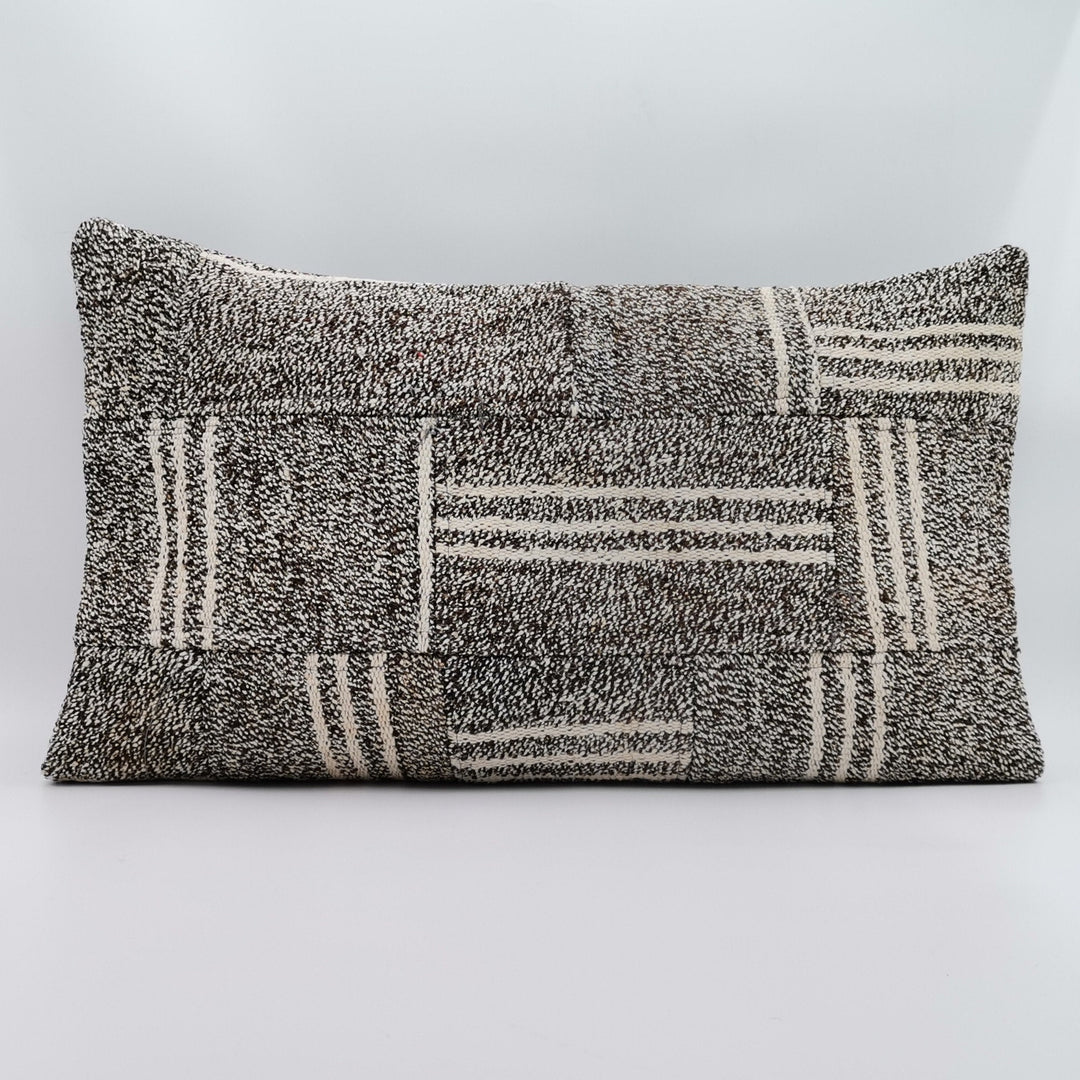 Hemp Pillow Cover|Gray Beige Turkish Kilim Cushion Case|Patchwork Rug Lumbar Pillow Top|Handwoven Anatolian Decor|Vintage Cushion Case 16x24