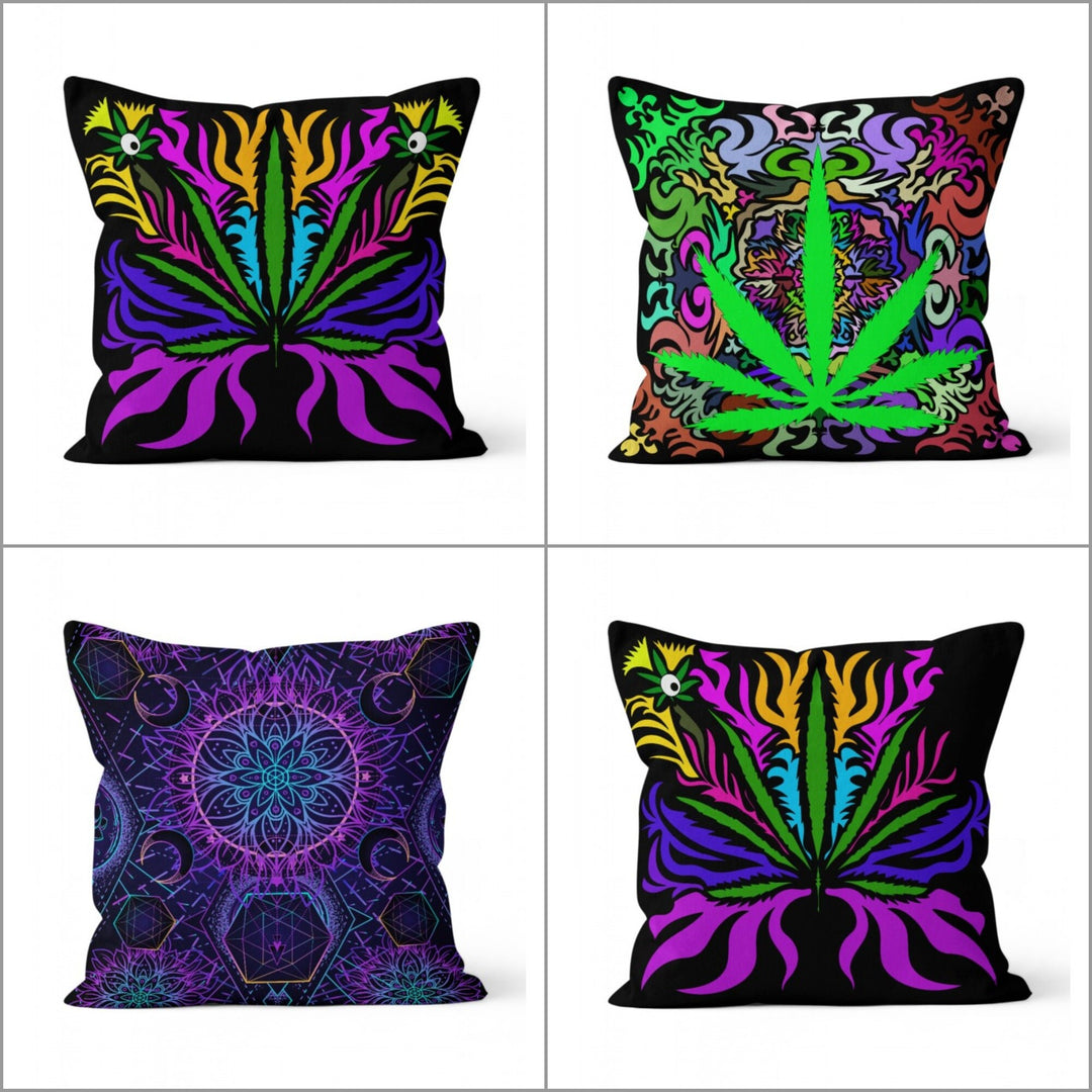 Psychedelic Leaf Pillow Cover|Geometric Cushion Cover|Abstract Home Decor|Purple Green Throw Pillowcase|Sacred Style Authentic Cushion Case