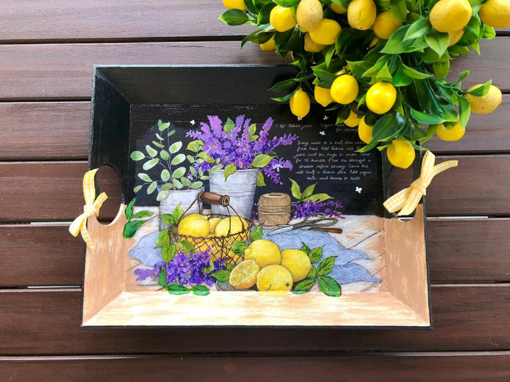 Hand Painted Wooden Tray|Lavender Kitchen Decor|Black Serving Tray|Custom Table Decor|Home Decor|Gift for Women|Wooden Art|Housewarming Gift