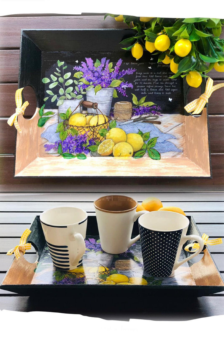 Hand Painted Wooden Tray|Lavender Kitchen Decor|Black Serving Tray|Custom Table Decor|Home Decor|Gift for Women|Wooden Art|Housewarming Gift