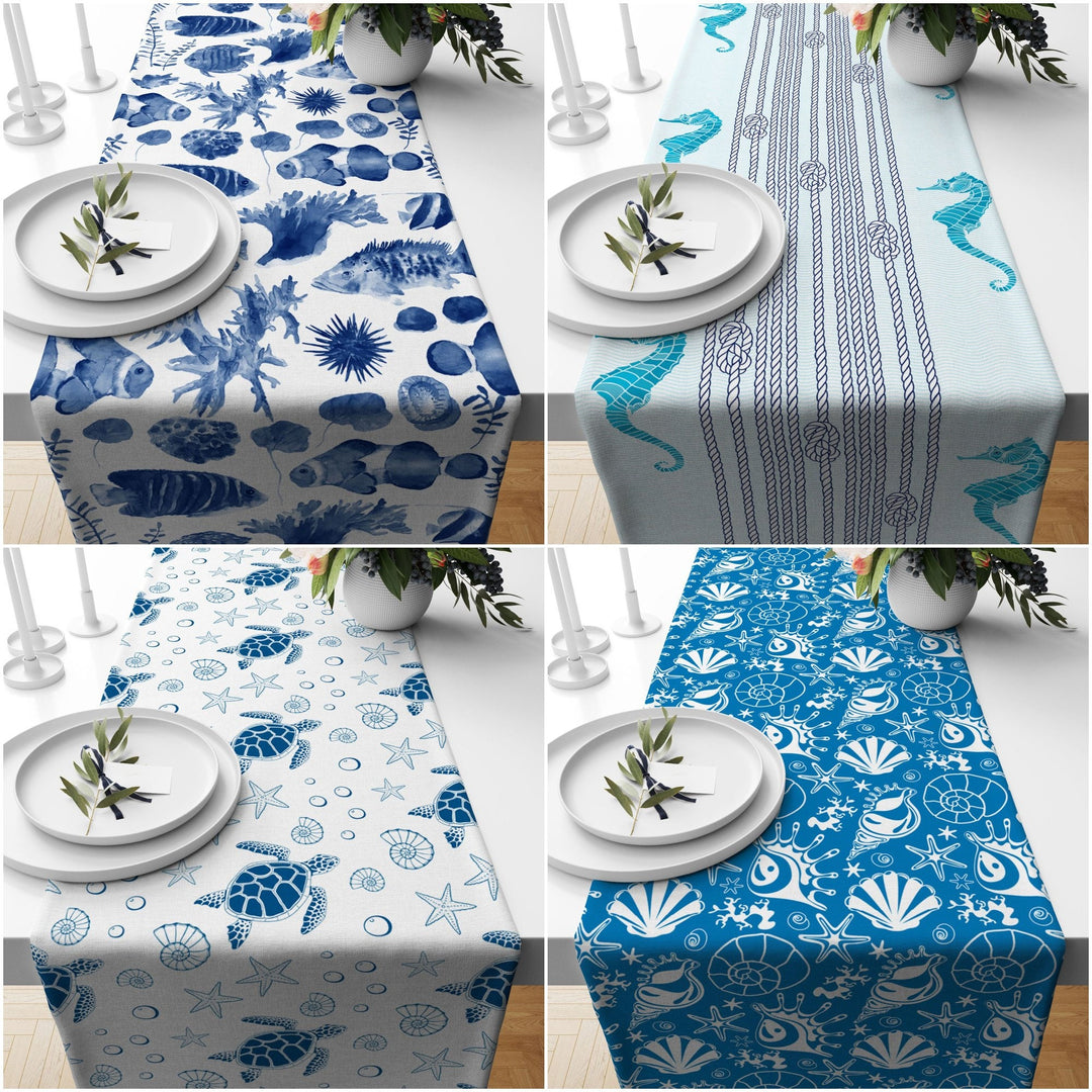 Beach House Table Runner|Fish Kitchen Decor|Decorative Nautical Table Top|Seahorse Home Decor|Sea Turtle Print Tablecloth|Coastal Runner