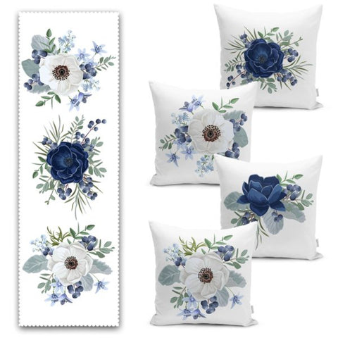 Set of 4 Floral Pillow Covers and 1 Table Runner|White Blue Home Decor|Decorative Flower Painting Tablecloth|Rose Print Cushion and Runner