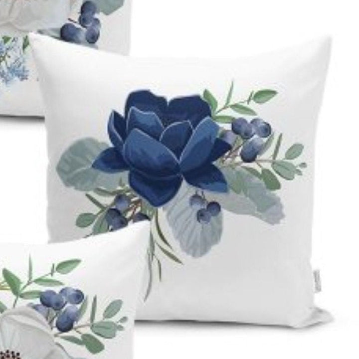 Set of 4 Floral Pillow Covers and 1 Table Runner|White Blue Home Decor|Decorative Flower Painting Tablecloth|Rose Print Cushion and Runner