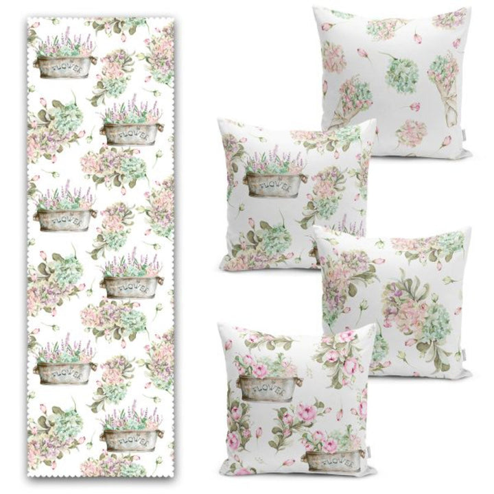 Set of 4 Floral Pillow Covers and 1 Table Runner|Pink Green Home Decor|Decorative Flower Pot Print Tablecloth|Floral Cushion and Runner Set