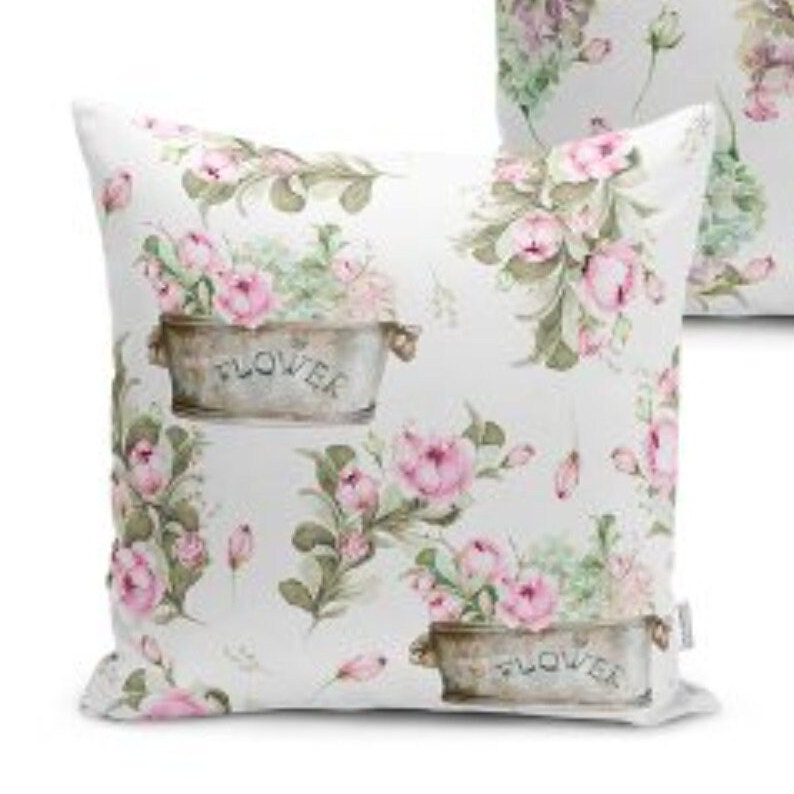 Set of 4 Floral Pillow Covers and 1 Table Runner|Pink Green Home Decor|Decorative Flower Pot Print Tablecloth|Floral Cushion and Runner Set